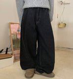 Soheni Pintuck Banding Black Blue Wide Denim Pants