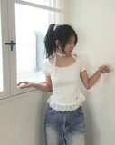 [Muffler set] Kabel lace frill pendant short sleeve t-shirt