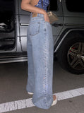 Hotfix side lettering unbalance denim pants