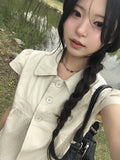Lambs Button Collar Shirred Puff Blouse Shirt