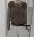 Checkered shirring knit layered long sleeve set