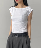 Boat Neck Rib Cap Sleeve T-shirt