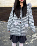Levin Stripe Drop Knit Fur Hooded Cardigan
