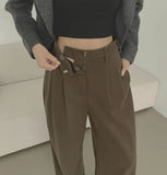 Wool Pin Tuck Button Adjust Wide Slacks