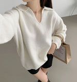 Open Collar Loose Fit Thick Long Sleeve Knit