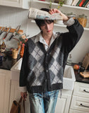 Harvers Argyle Color Matching Knit Cardigan