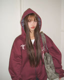 [Brushed Lining] Skin Star Print Stripe Color Matching Two-Way Loose Fit Hood Zip-Up