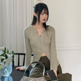 Nalky Bokashi V-neck Slit Long Sleeve Knit