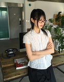 Karen Stripe Frill Short Sleeve Shirt