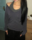 Sheen Layered Shirring V-Neck Long Sleeve T-Shirt