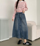 Simple Casual A-line 4-season Curved Line Denim Long Skirt
