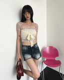 Botte Lace Ribbon Back Slit Checkered Mesh Short Sleeve T-shirt