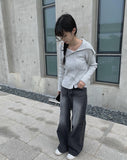 Oolong Black Washed Denim Wide Pants