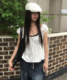 Noal Lace Ribbon Puff Sleeveless Blouse