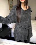 [Belt + Knit SET] Liha Open Collar Waistband Two-Way V-Neck Long Knit