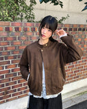 Shy Suede No-Collars Snap Button Zipper Pocket Blouson Jacket