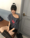 Rishu loose-fit flower-printed off-shoulder short-sleeved T-shirt