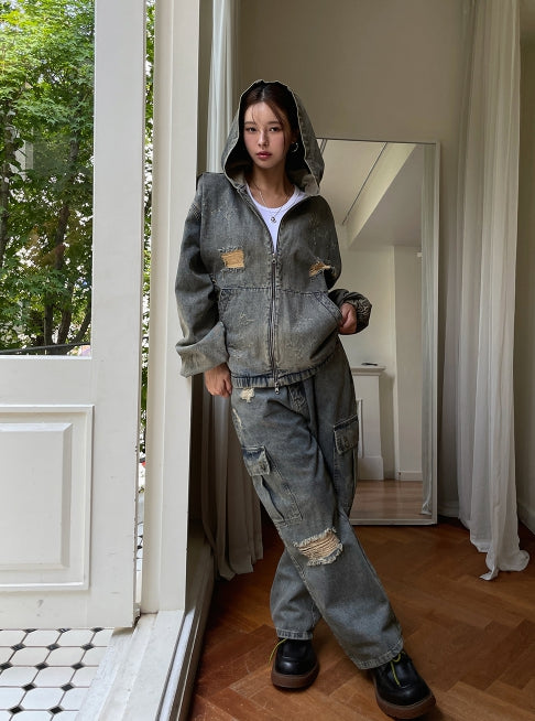 【U LAN】Damage Two Way Denim Hooded Jacket Damage Two Way Denim Hooded Jacket - ULAN | 60% - Asian