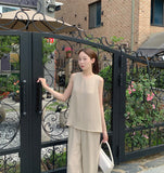 Linen Sleeveless Banding Long Wide Two-Piece Set Vacation Look Summer Outfit