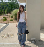 Distressed Ripped Jeans Straight Wide Denim