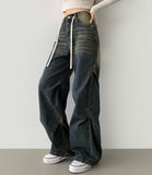 Knee Side Pin Tuck Balloon Waist Adjustment Wide Fit Denim Pants