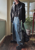 Two-line washing cargo denim pants