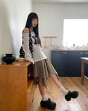 Elune Number Printed One-Off-Shoulder See-Through Long-Sleeve Knit