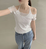Flower Pattern Halterneck Sleeveless Short Sleeve Blouse Set