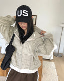 Bima Stripe Pocket Loose Fit Long Sleeve Hooded Zip-Up