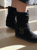 [Fur lining] Reveal vintage belt shirring suede 3cm middle boots