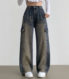 Cargo Pocket Washing Cut Line Wide Fit Denim Pants
