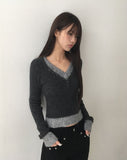 Lipin Color Matching V-Neck Slim Boucle Long Sleeve Knit