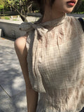 Peril See-through Ribbon Check Unbalance Blouse