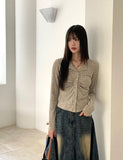Tully Bokashi Shirring Ribbed Collar Button Long Sleeve Cardigan