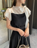 Henin Tie Color Matching Tulip Sleeve Blouse