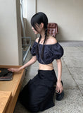 Minen Denim Off Shoulder Cropped Short Sleeve Blouse