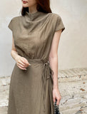Foven Cowl Neck Wrinkle Banding Wrap Long One Piece