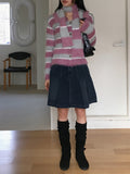 [Muffler Set] Jes Fur Stripe Color Matching Collar Knit Long Sleeve Cardigan