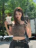 Leopard shirring puff off-shoulder short sleeve