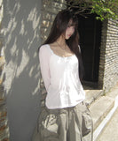 Tenver V-Neck Lace Long Sleeve T-Shirt