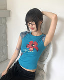 Harpin Flower Print Blue Short Sleeve T-Shirt