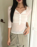 Chugi Button See-through Three Quarter Sleeve T-Shirt