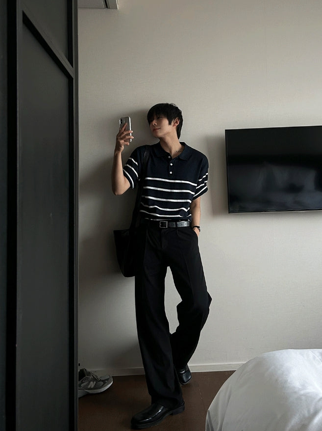 【COSYHARU】V-in stripe button collar short sleeve knit Baron Cable Stripe Short Sleeve Knit - COSYHARU | 60