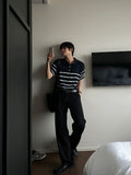 V-in stripe button collar short sleeve knit