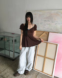 Kiaco Heart Neck Puff Ribbon Punching Short Sleeve Blouse