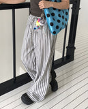 Satin Linen Stripe Wide Banding Long Pants