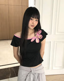 Mki Flower Slit Boat Neck Two-tone Short Sleeve T-shirt
