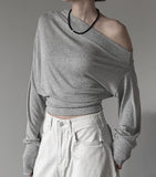 Sheer One-Shoulder Crop Sweatshirt