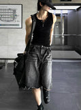 Adjust cut black denim bermuda pants