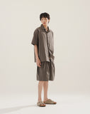 Open collar linen like short sleeve shirt